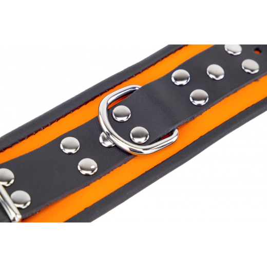 Handfesseln m. D-Ring Leder orange-schwarz einstellbar per Schnallen hochwertiges starkes Rindsleder kaufen