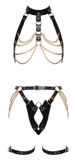 Harness-Set m. Ketten Zado Leder schwarz-gold Nackenträger-Top & Jock mit Schnallen einstellbar günstig kaufen