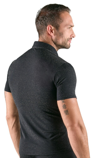 Hemd m. Knopfleiste & Silberglanz für Herren mit kurzem Arm schwarz silberfarbener Lurex-Look günstig kaufen