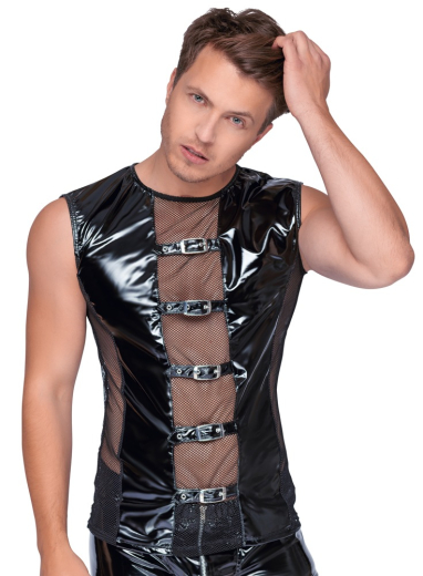 Herren Lack-Shirt m. Netz & Schnallen