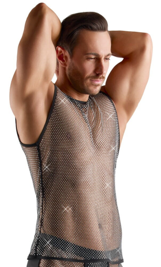 Herren Netzshirt m. Glitzersteinchen ärmellos mit funkelnden Strass-Steinchen besetzt elastisch XXL und 3XL kaufen