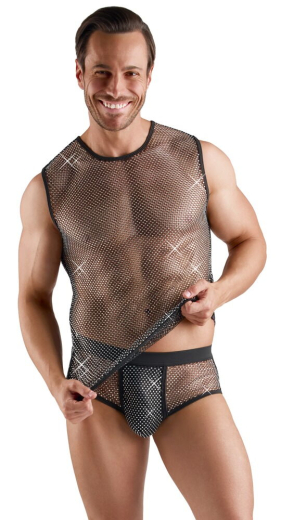 Herren Netzshirt m. Glitzersteinchen ärmellos mit funkelnden Strass-Steinchen besetzt elastisch von SVENJOYMENT kaufen