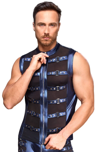 Mens Shirt w. Straps & Zipper blue-metallic elastic up to 3XL with black-transparent Mesh-Inserts by NEK buy cheap