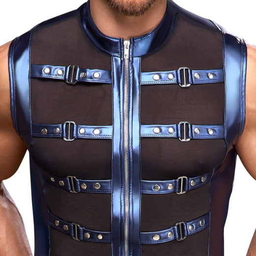 Mens Shirt w. Straps & Zipper blue-metallic elastic black-transparent Mesh-Inserts & full-length Front-Zip buy cheap