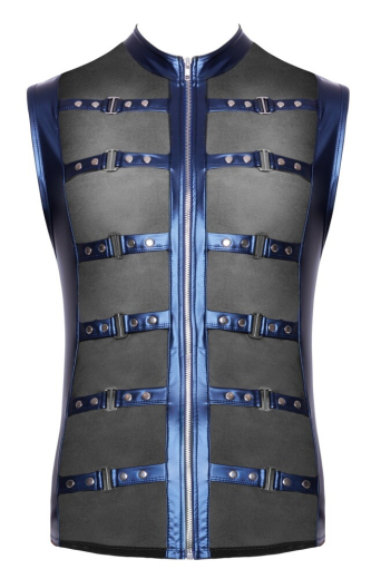 Mens Shirt w. Straps & Zipper blue-metallic elastic up to 3XL with black-transparent Mesh-Inserts buy