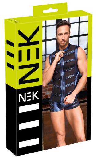 Mens Shirt w. Straps & Zipper blue-metallic w. black-transparent Mesh-Inserts & Front-Zip by NEK erotic Menswear buy