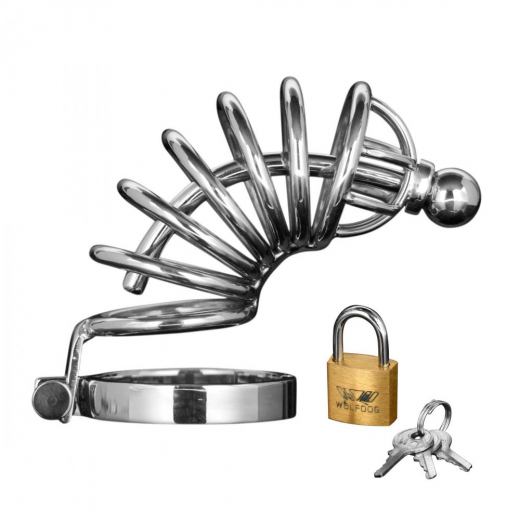Chastity Cage w. Urethral Plug Asylum Ring ML Stainless Steel