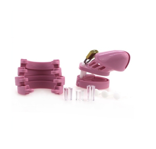 Chastity Cage Silicone 7x3.3cm pink soft Penis-Cage w. 5 different Cock Rings & Brass Padlock buy cheap