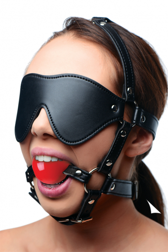 Harnais de tête avec masque pour les yeux et bâillon rouge en simili-cuir