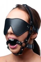 Harnais de tête avec masque pour les yeux et bâillon noir en simili-cuir
