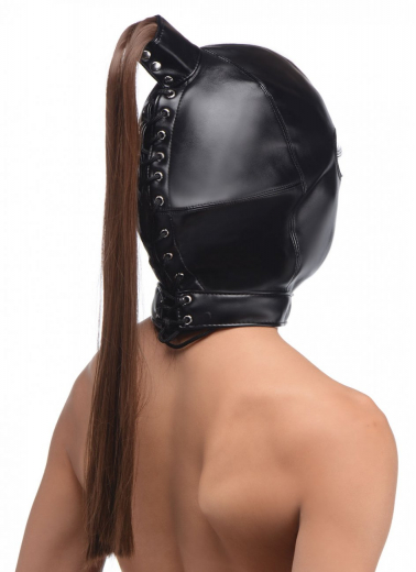 Kopfhaube geschnürt Ponytail Bondage Hood Kunstleder braun