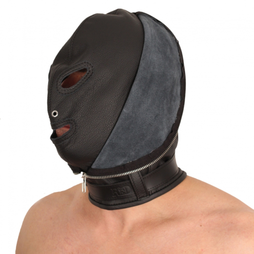 BDSM Hood Sensory Deprivation Leather lockable double-layered w. Openings for Eyes Mouth & Nose by THE RED buy