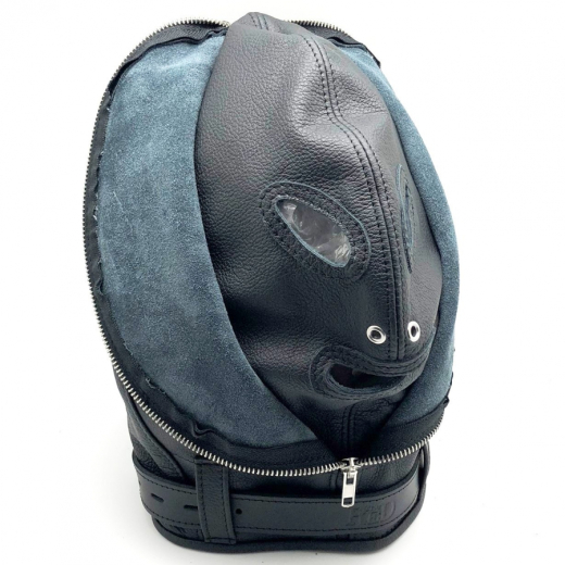 BDSM Hood Sensory Deprivation Leather lockable Openings for Eyes Mouth & Nose Zipper & Lacing by THE RED buy cheap