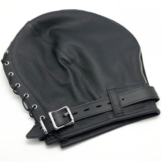 BDSM Hood Sensory Deprivation Leather lockable double-layered Cowhide w. Zipper & Lacing by THE RED buy cheap
