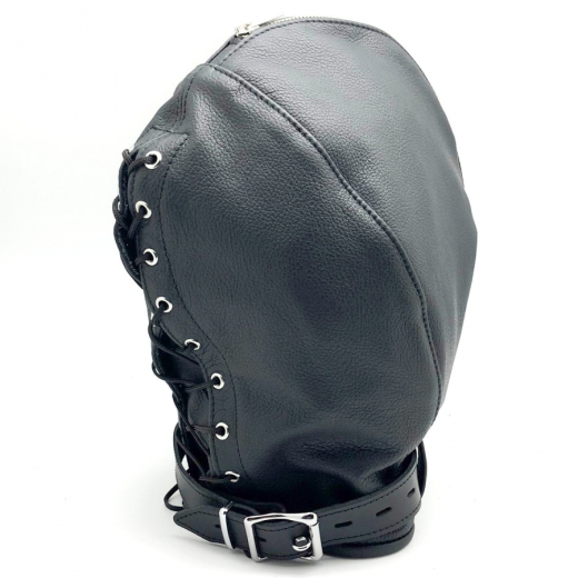 BDSM Hood Sensory Deprivation Leather lockable w. Openings for Eyes Mouth & Nose outside Zipper & Lacing buy