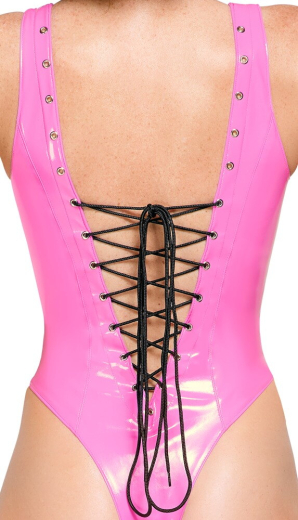 Vinyl Body w. Lacings pink deep Cutout @Front & Back w. silver-colored Eyelets by BLACK LEVEL Fetish Fashion buy cheap
