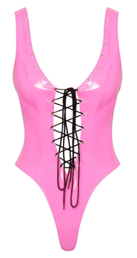 Vinyl Body w. Lacings pink deep Cutout @Front & Back silver Eyelets & black Lacing-Bands by BLACK LEVEL Fetish Fashion buy