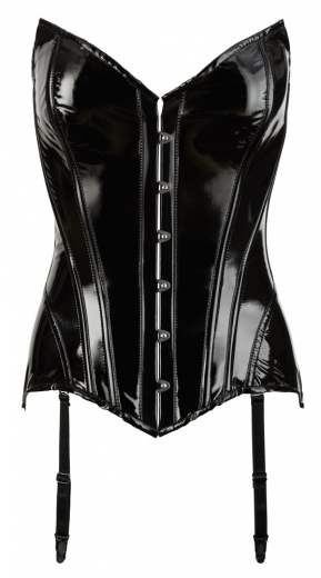 Corsage laqué sans bretelles Longline noir brillant renforcé de baguettes 4 porte-jarretelles de BLACK LEVEL acheter