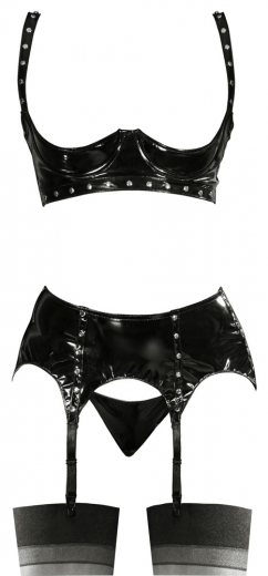 Vinyl Lifting-Bra Garterbelt & Thong Set studded