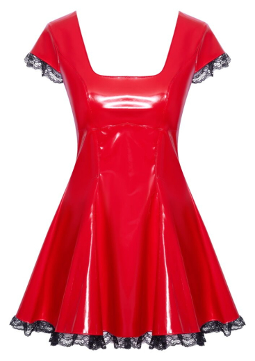Vinyl Mini Dress w. flared Skirt & Lace red-black glossy with Square-Neckline Zipper & Snaps by BLACK LEVEL buy