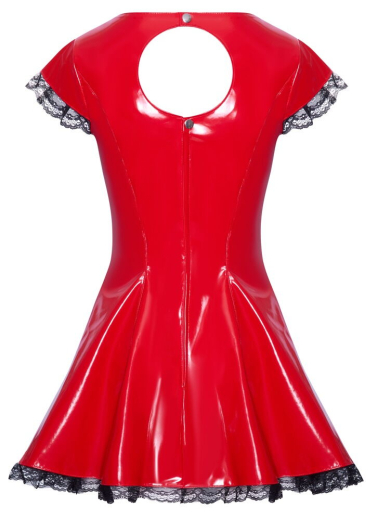 Vinyl Mini Dress w. flared Skirt & Lace red-black w. Zipper & Snaps @Back by BLACK LEVEL Fetish Fashion buy cheap