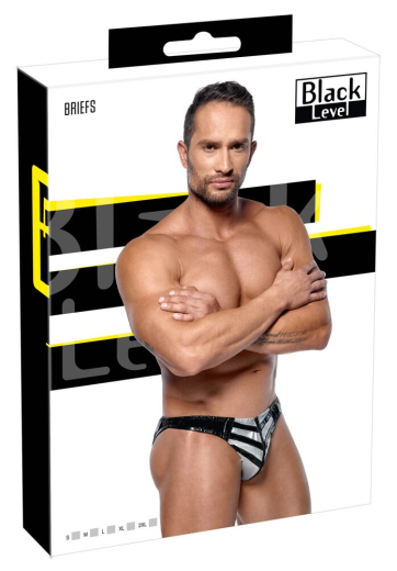 Vinyl Briefs w. Stripes black-silver for Men with elastic Waisband & Leg Cuffs & Front-Zipper from BLACK LEVEL buy
