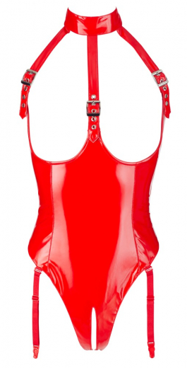 Lack Strapsbody busenfrei m. Halsband rot
