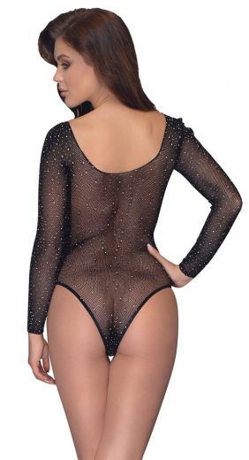 Bodysuit transparent long Sleeves Mesh w. Rhinestones