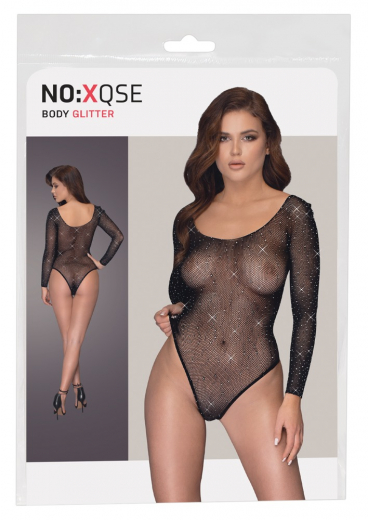 Bodysuit transparent long Sleeves Mesh w. Rhinestones