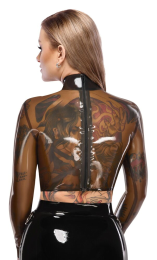 Crop-Top long-sleeved Latex transparent w. black stand-up Collar & Metal Ring & continuous Back-Zipper by LATE-X buy