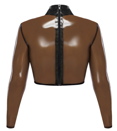Crop-Top long-sleeved Latex transparent w. black Collar & Metal Ring & continuous Back-Zipper buy cheap