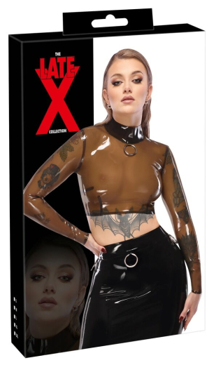 Crop-Top long-sleeved Latex transparent with black stand-up Collar & silver Metal Ring by LATE-X Fetish Fashion buy