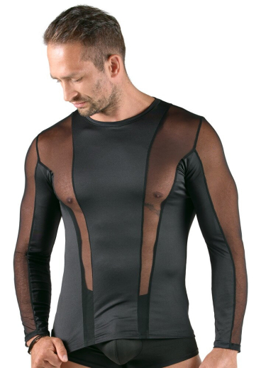 Langarm-Shirt Stretch m. transparenten Einsätzen körperbetonend eng anliegend mit elastischem Netz bis XXL kaufen