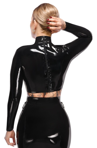 Latex Crop Top open Chest w. Zipper short Tummy-free with long Sleeves small Stand-up Collar full Length Zip @Back buy