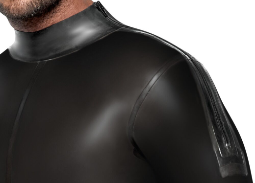 Latex Overall langarm rauchschwarz-transparent mit Schulter-Reissverschlüssen & Schritt-Reissverschluss kaufen