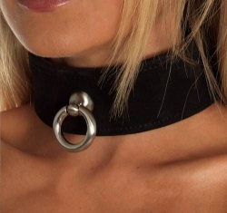 Leather Collar w. O-Ring soft Velours black double-layered Garment-Leather inside & silky Suede-Leather outside buy