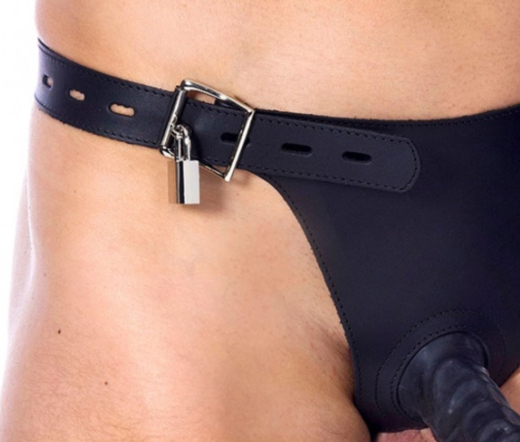 Leather Chastity Thong w. hollow Dildo