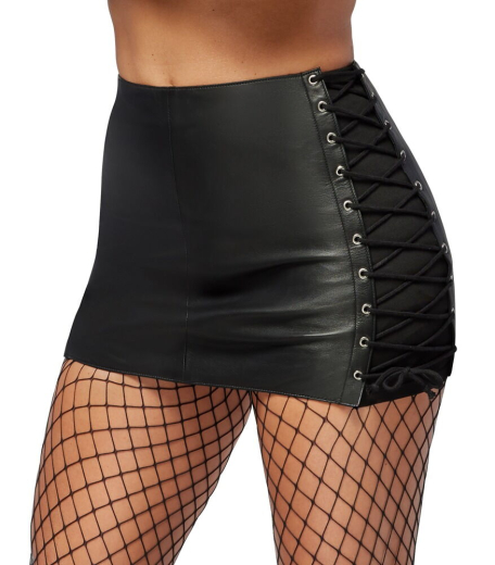 Leather Mini Skirt w. underlaid Lacings soft Lambskin @Sides with Eylet-Lacings small Zipper @Back by ZADO buy