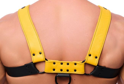 Leather Harness w. Snaps Bulldog black-yellow L-XL Chest-Harness 4cm Straps w. black Metal Hardware buy cheap