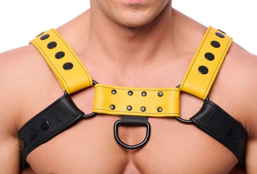 Leather Harness w. Snaps Bulldog black-yellow S-M masculine Chest-Harness w. black Metal Hardware by THE RED buy