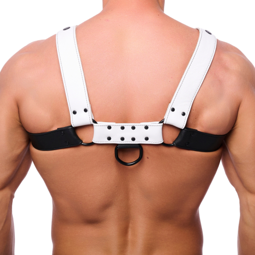 Lederharness m. Druckknöpfen Bulldog schwarz-weiss L-XL per Druckknöpfe verstellbar mit D-Ringen günstig kaufen