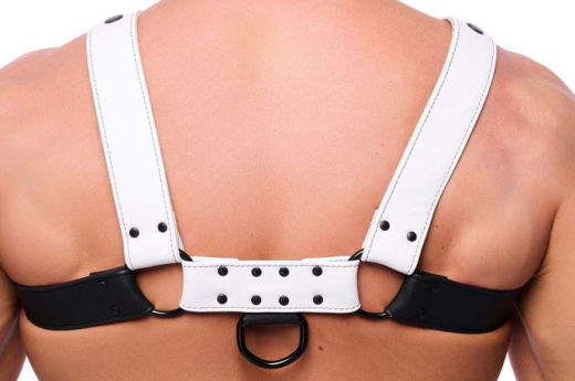 Lederharness m. Druckknöpfen Bulldog schwarz-weiss S-M 4cm breite Lederriemen mit D-Ringen von THE RED kaufen