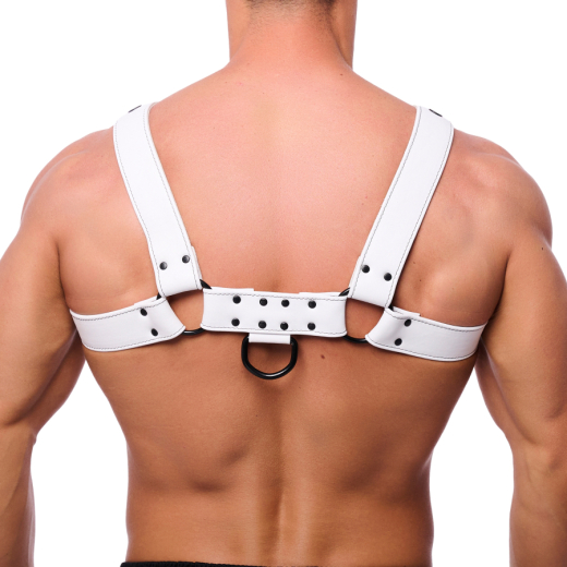 Leather Harness w. Snaps Bulldog white L-XL Chest-Harness 4cm wide Straps & black Metal Hardware by THE RED buy
