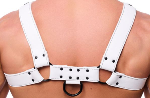 Lederharness m. Druckknöpfen Bulldog weiss S-M 4cm breite Lederriemen m. D-Ringen schwarze Metallhardware kaufen