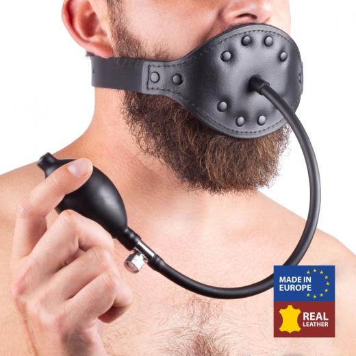 Lederknebel m. Latexmundstück aufblasbar breite doppellagige Mundabdeckung bis 8cm Durchmesser aufpumpbar kaufen