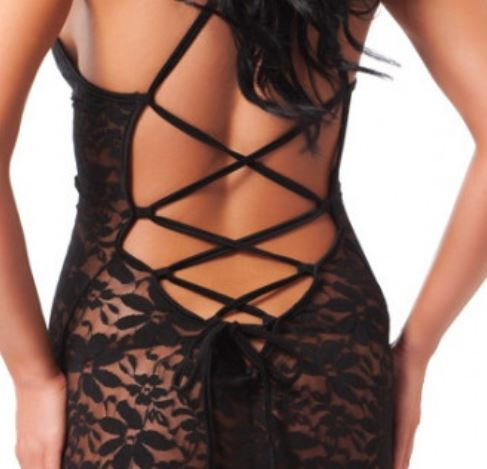 Minikleid & G-String m. Schnürungen Blumenspitze