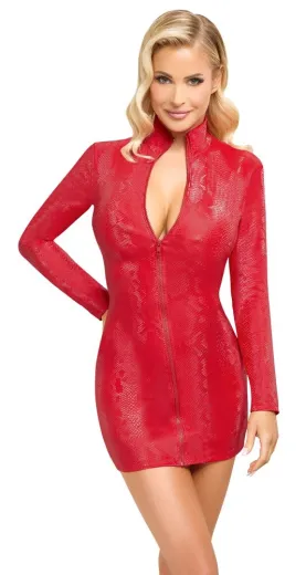 Minikleid langarm m. Reissverschluss Schlangenhaut-Look rot