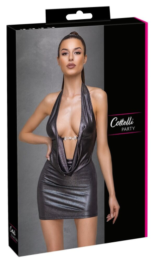 Mini Dress w. Neckholder & Waterfall-Neckline silver deep plunging Neckline w. Rhinestone Clasp backless by COTTELLI buy