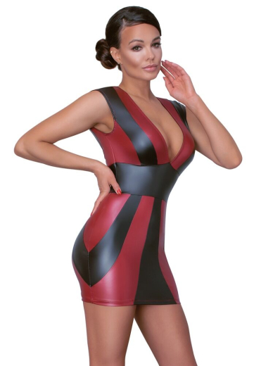 Mini Dress w. deep Necklines black-red Mattlook in Stripe-Look fittet short Dress with narrow Stretch Band @Neck buy