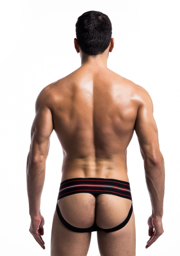 MOB Classic wide Jockstrap black elastic & breathable with black MOB-Logo & colored Stripes on the wide Waistband buy